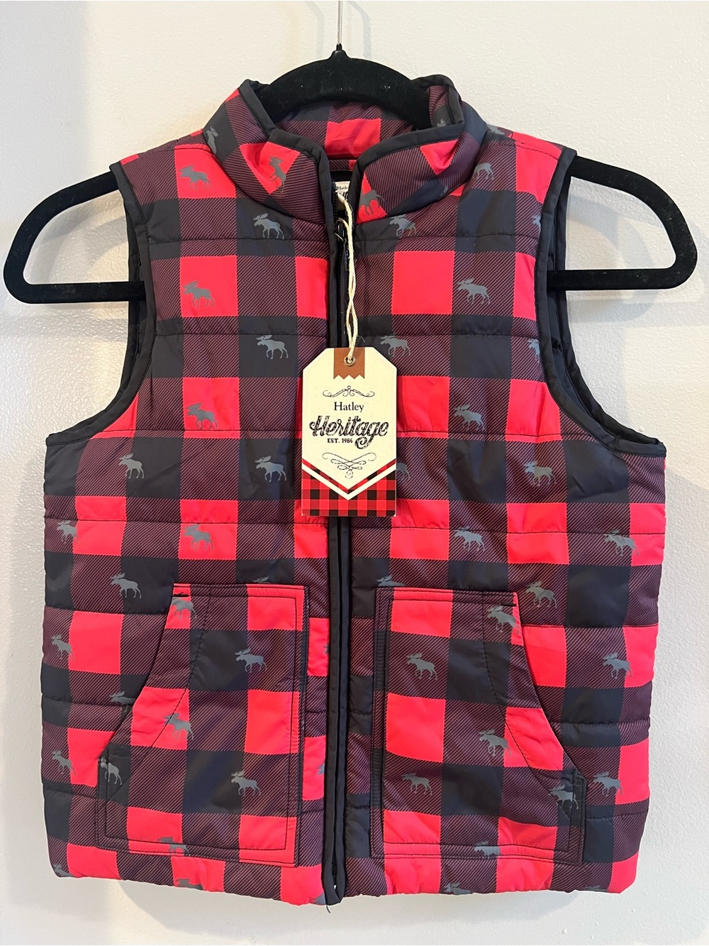Hatley Heritage Boys Size 6 Buffalo Plaid Quilted Puffer Vest Moose NWT